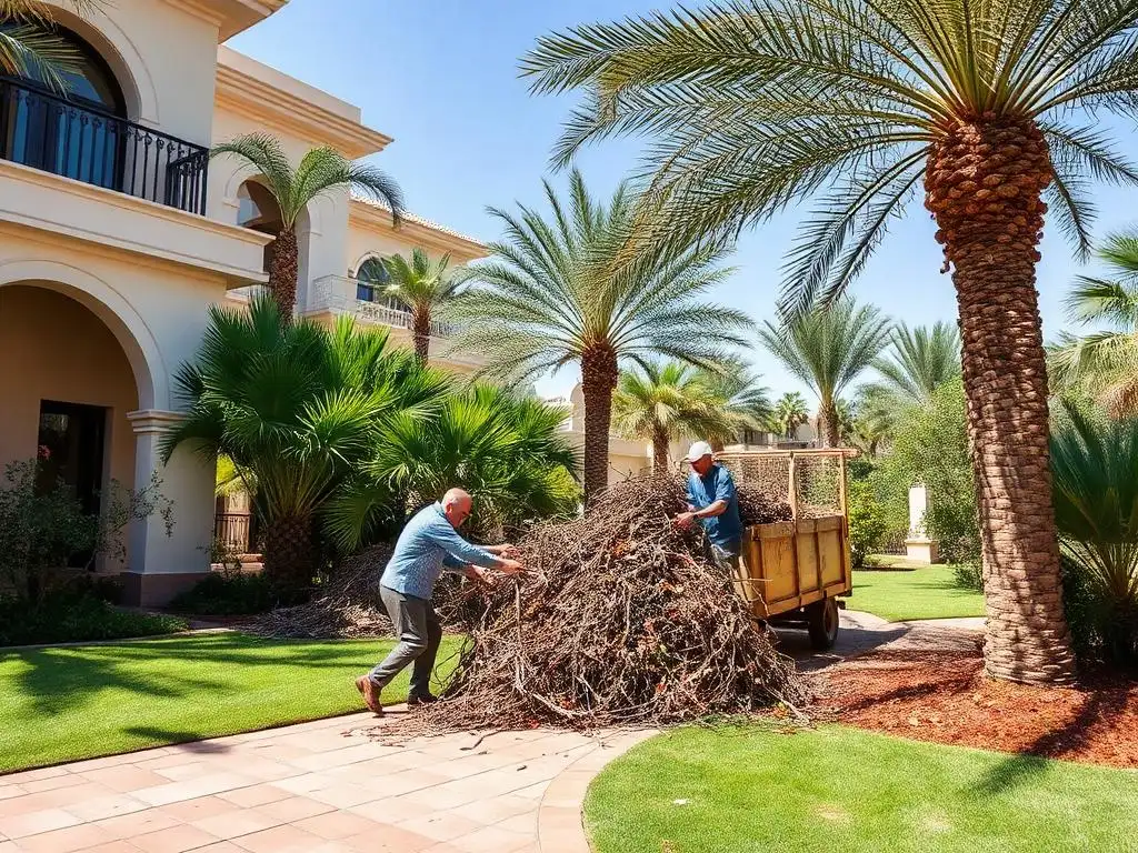 Palm fronds and garden waste being loaded for removal in Dubai