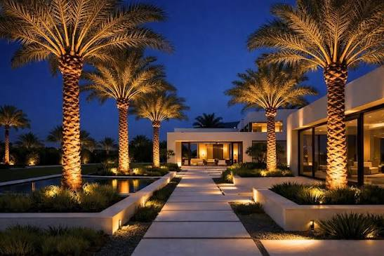 Garden lighting on palm trees along a Dubai villa walkway
