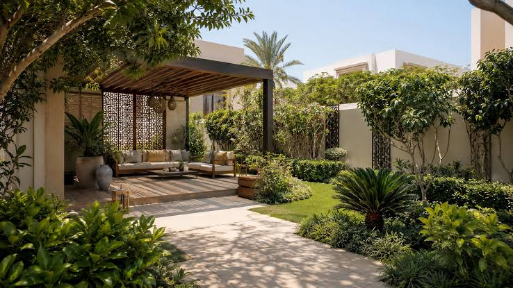 New villa garden design in Dubai with pergola seating and dense planting